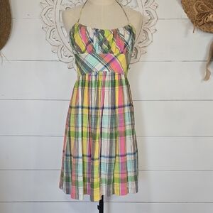Tibi Cotton Plaid Halter Open Back Summer Sun Dress Sz 8